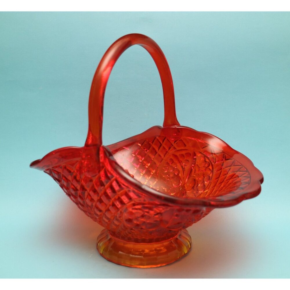 Amberina Indiana Glass Fruit Diamond Pattern Carnival Glass Basket Cadmium Glow